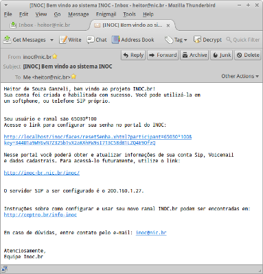 E-mail contendo link para a definição de senha no portal de administração